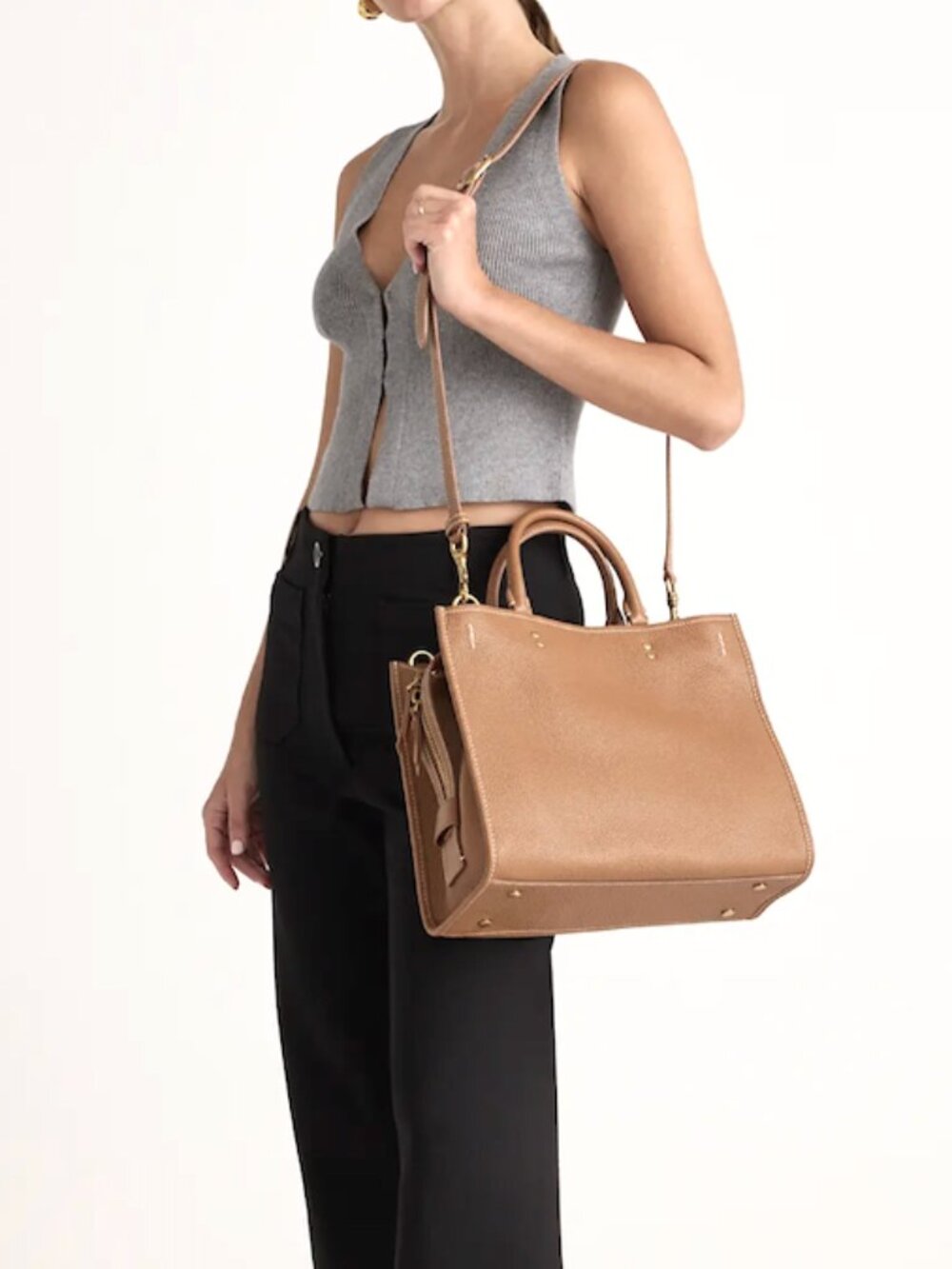 NWT QUINCE 30/31 Italian Leather Medium Convertible Satchel Taupe Ecru 3way bag - Picture 15 of 16